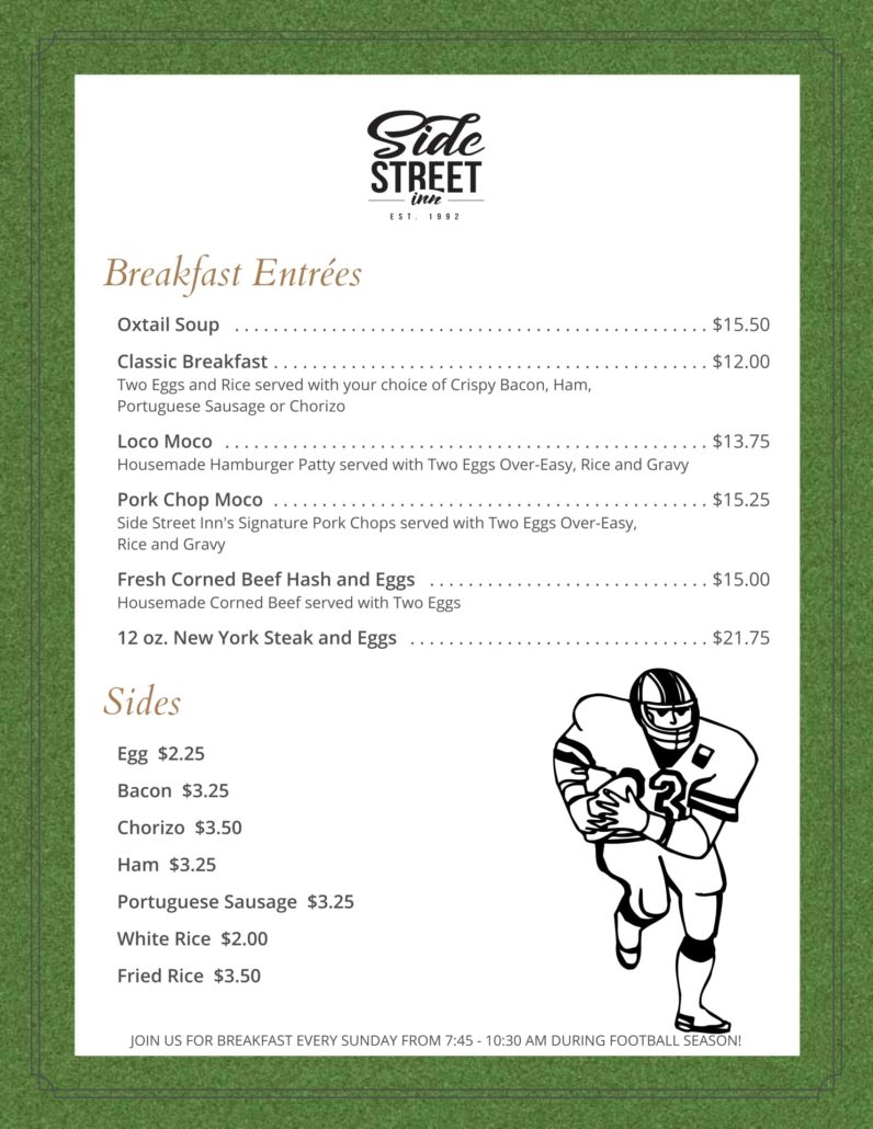 Breakfast Menu Football20171 Side Street Inn