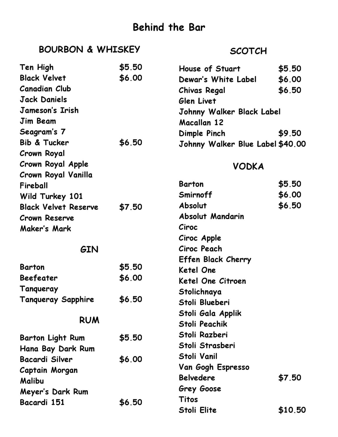 Hopaka Bar Menu Side Street Inn